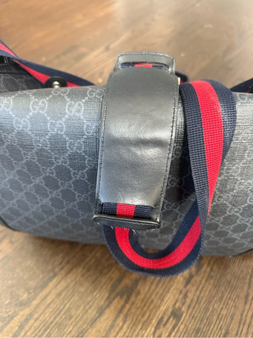 Gucci Black Monogram Diaper Bag with Red and Blue Web Strap